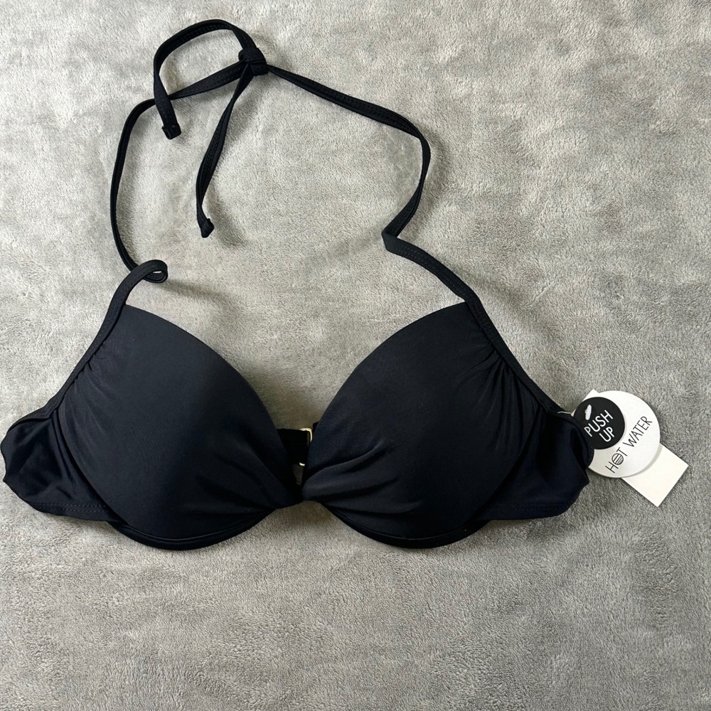 Hot Water Womens Push Up Bikini Top Black Halter Underwire Swimsuit Large NWT